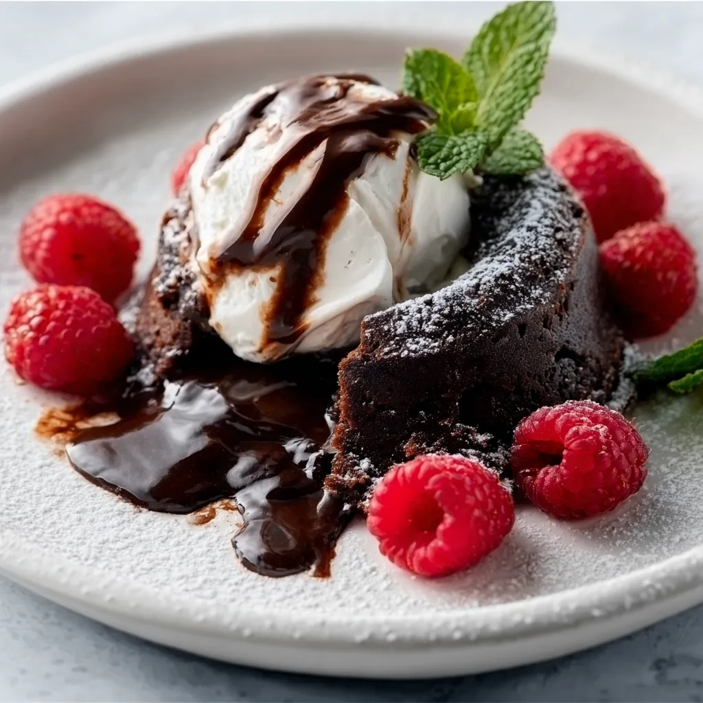 Close-up of a decadent Molten Chocolate Lava Cake with warm, gooey chocolate flowing out.