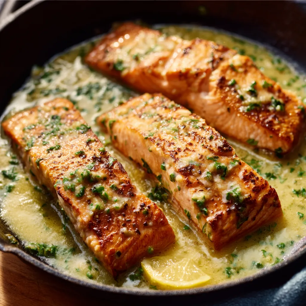 Close-up of perfectly cooked Pan-Seared Salmon with crispy skin, ready to be served.