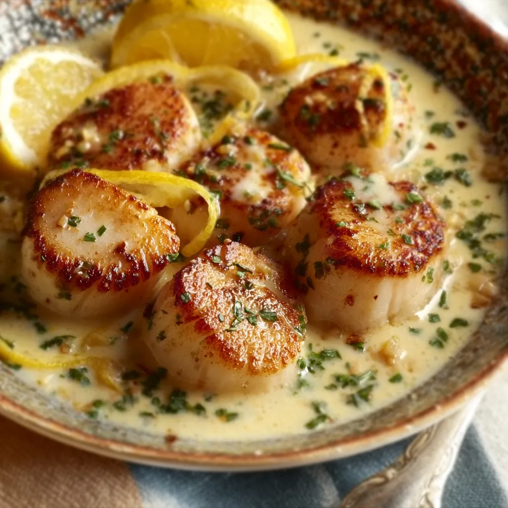 Perfectly golden Pan-Seared Scallops are presented in a close-up shot, showcasing their caramelized crust and delicate texture.