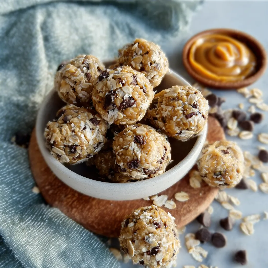 Close-up view of delicious Peanut Butter Oatmeal Balls, showcasing their texture and ingredient details.