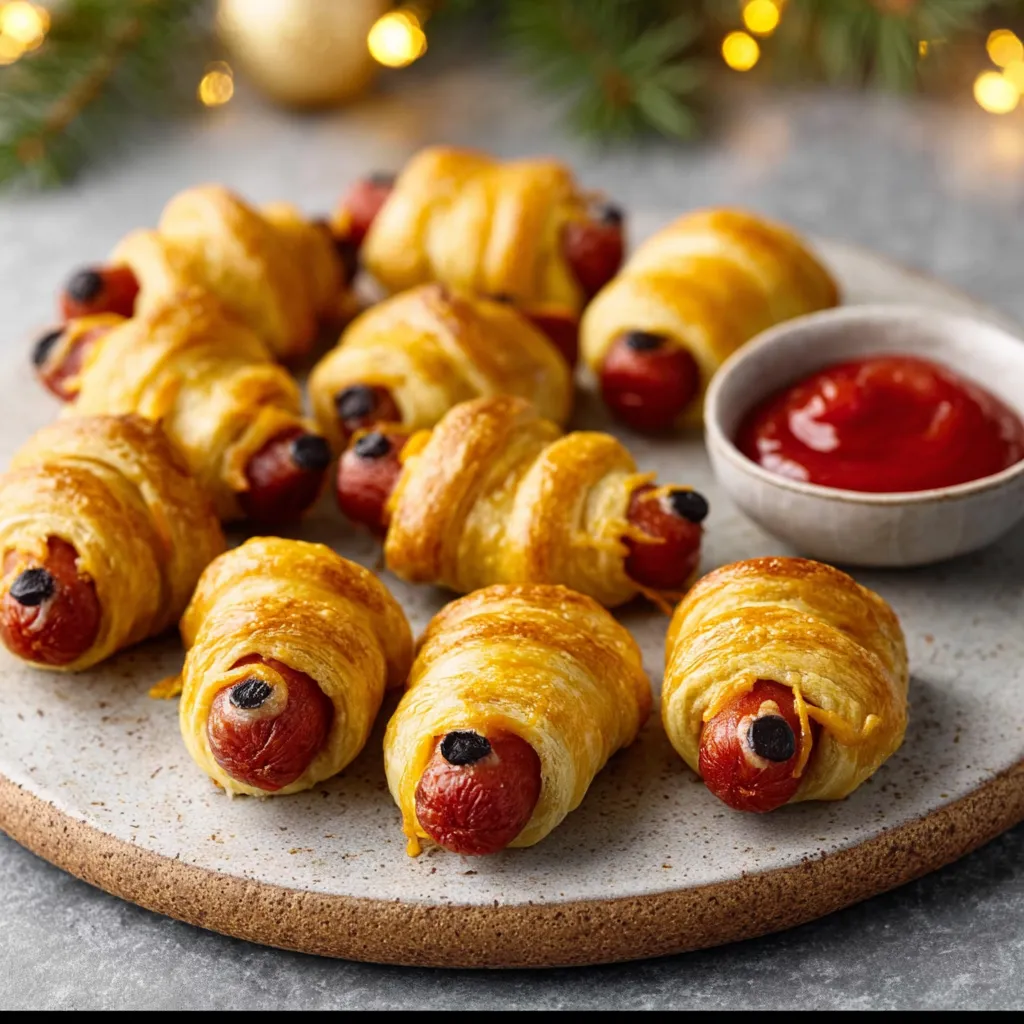 Close-up of golden-brown Pigs In A Blanket arranged on a plate, ready to be served as an appetizer.