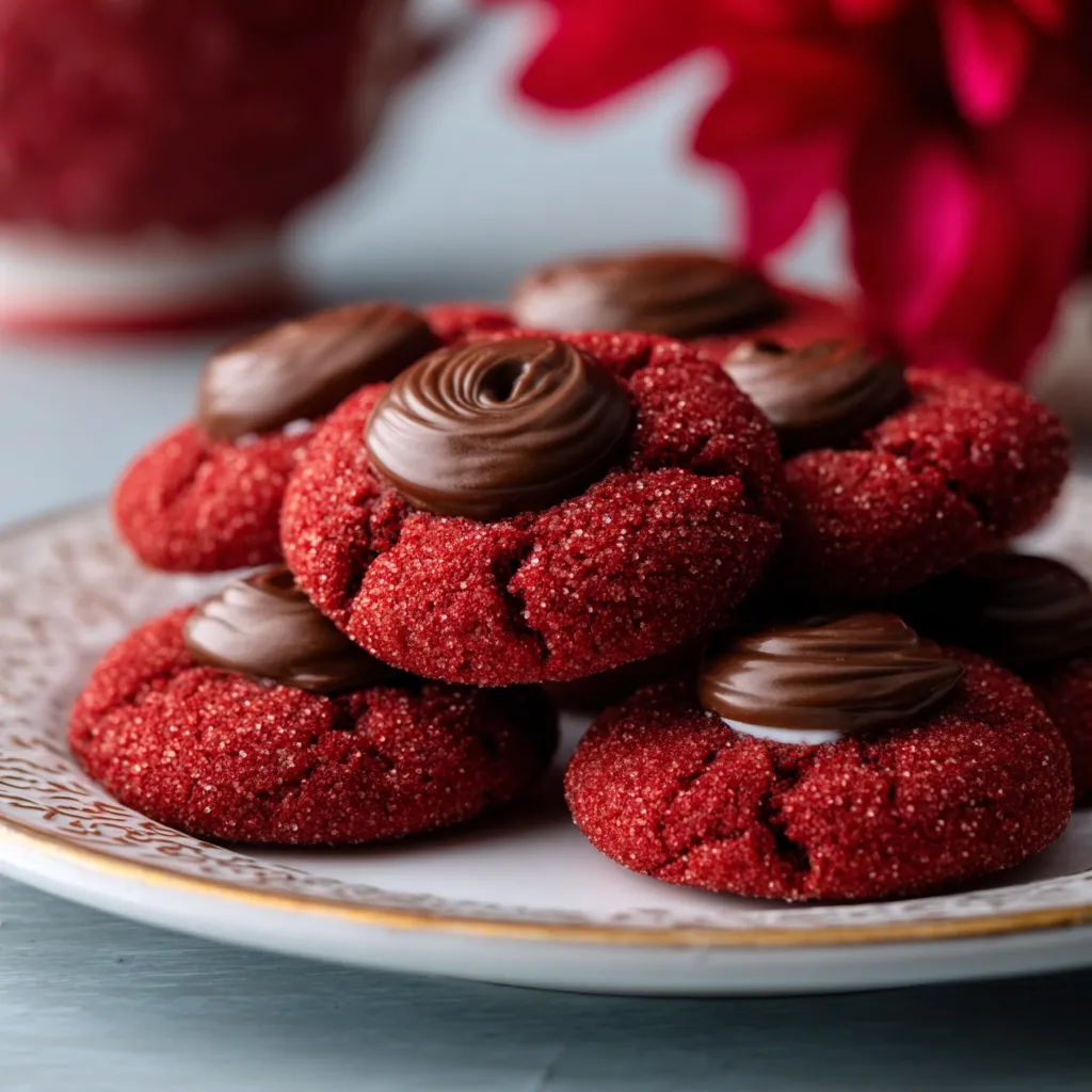 Red Velvet Blossom Cookies Recipe Close-up showcasing the vibrant red color and powdered sugar coating of homemade Red Velvet Blossoms Cookies.
