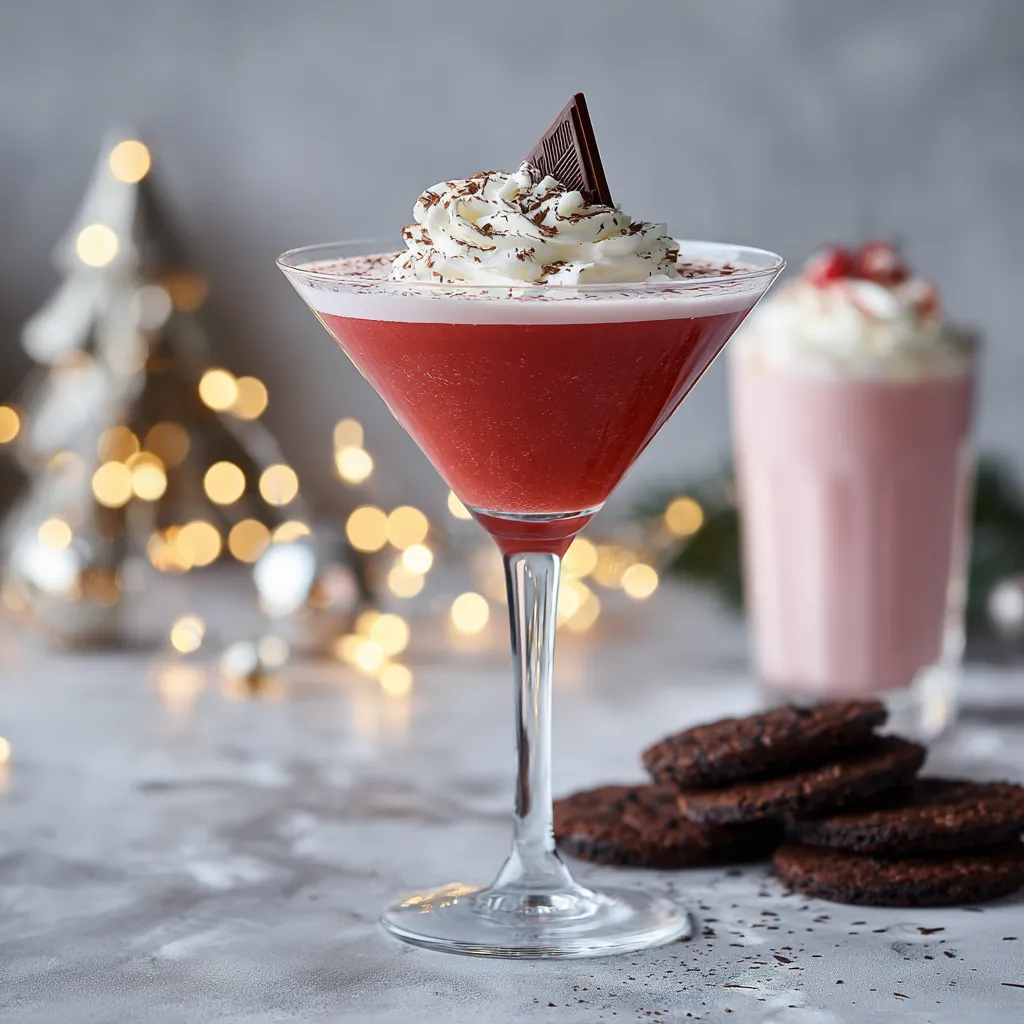 A beautifully staged Red Velvet Martini showcases the drink's rich color and festive presentation.