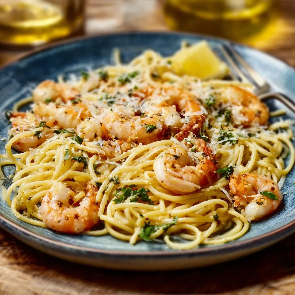 A close-up showcases a delicious plate of Shrimp Scampi Linguine, highlighting the succulent shrimp and perfectly cooked pasta.