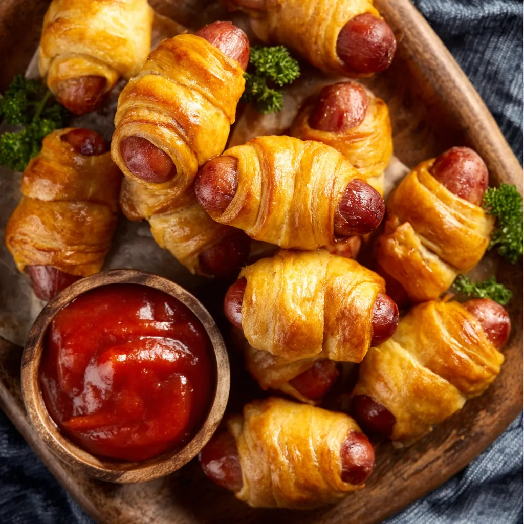 Close-up shot shows golden-brown Pigs in a Blanket, perfectly baked and ready to eat.