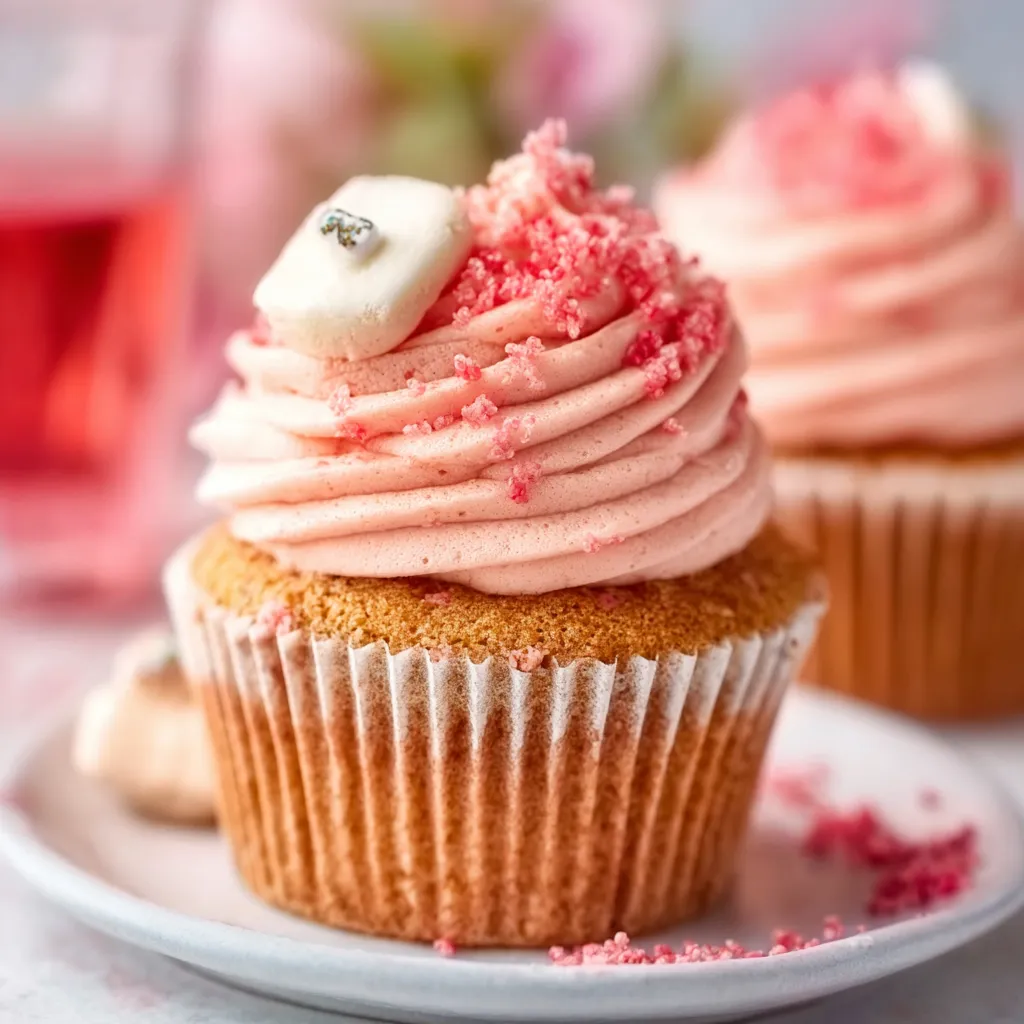Close-up shot of frosted Pink Champagne Cupcakes, showcasing their delicate pink hue and champagne-infused frosting.