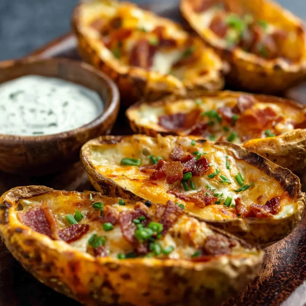 Delicious crispy Potato Skins are pictured as a tempting appetizer or snack.