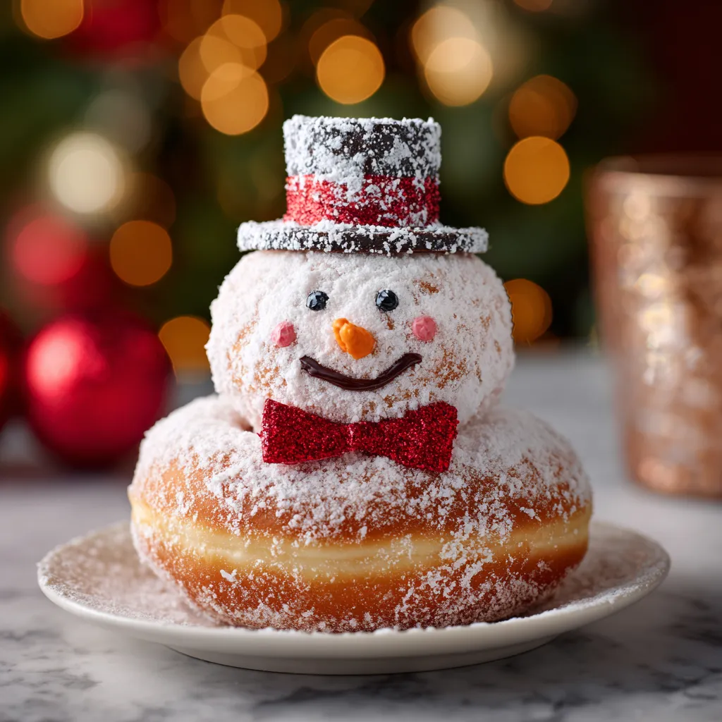Close-up of adorable Powdered Donut Snowman Treats, perfect for a festive holiday snack.