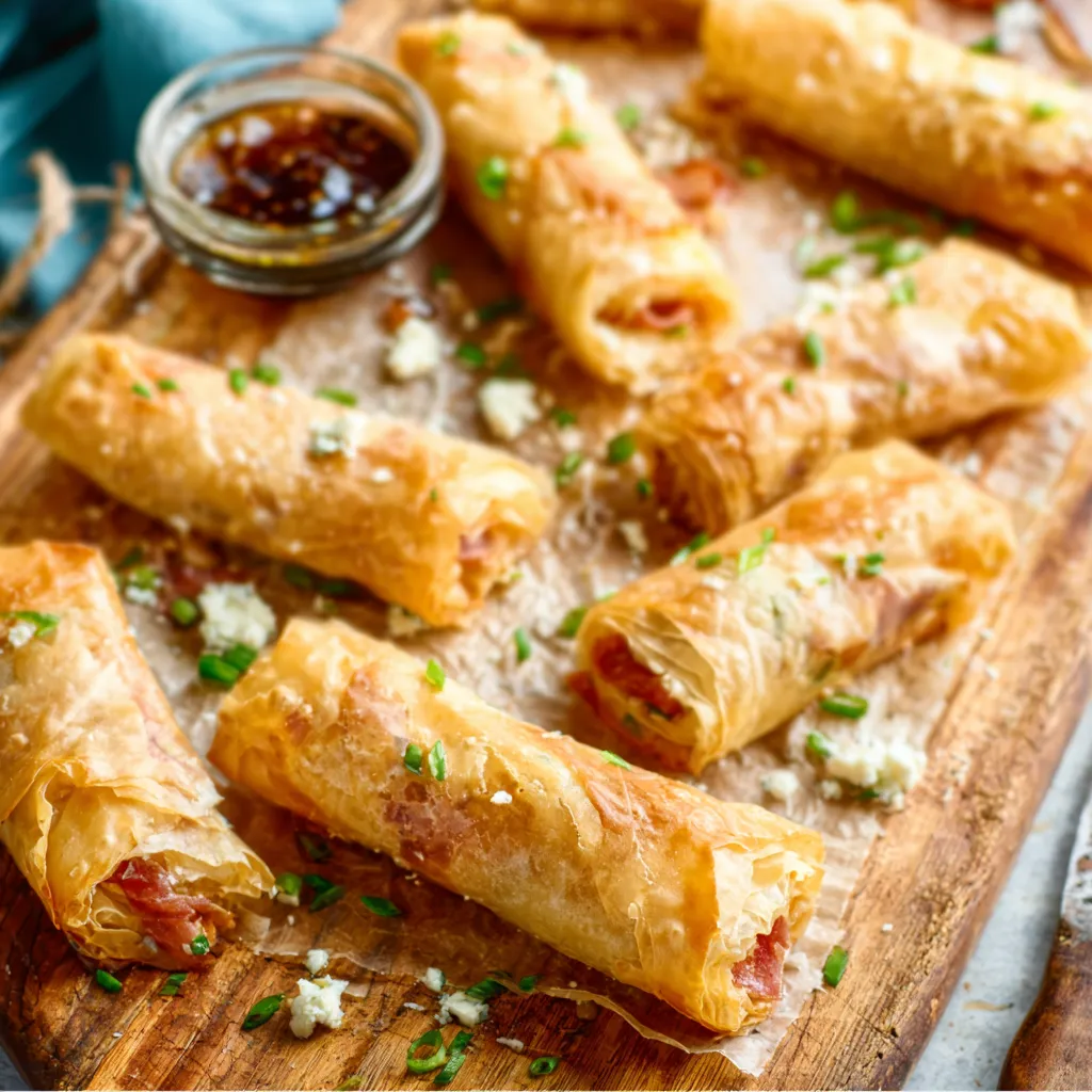 Close-up of flaky Prosciutto & Goat Cheese Phyllo Rolls, showcasing their golden-brown exterior and creamy filling.