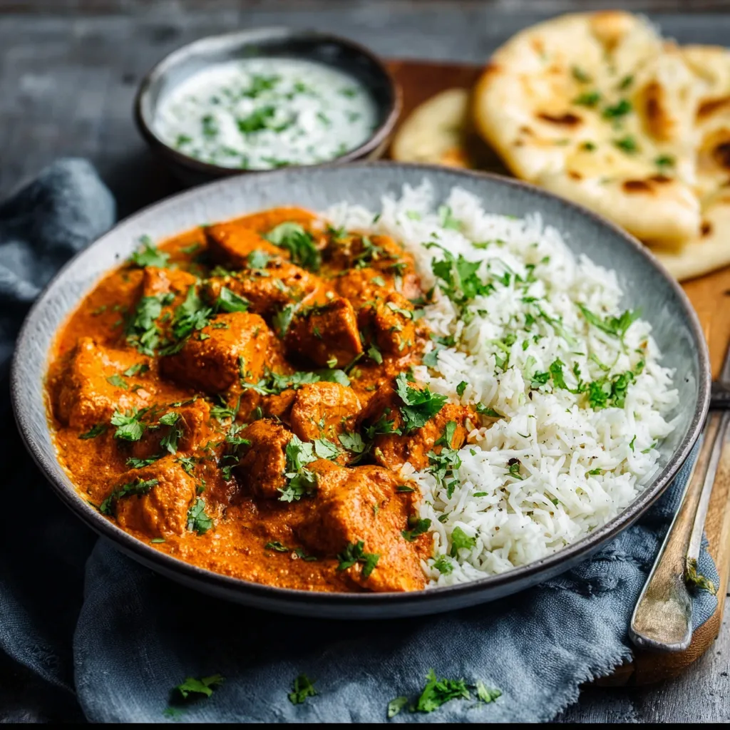 Close-up shot of creamy Butter Chicken, showcasing its rich sauce and tender chicken pieces.