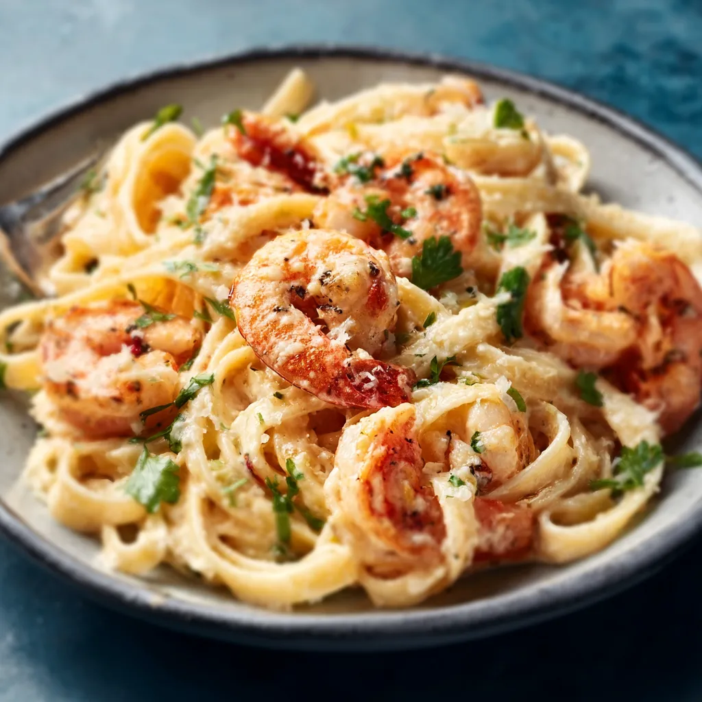 A close-up shot showcases a creamy plate of Shrimp Alfredo Fettuccine, highlighting the tender shrimp and rich sauce.