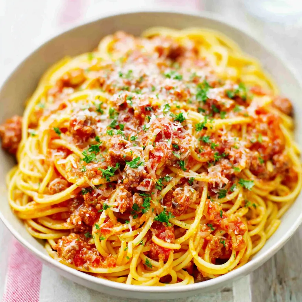 Close-up shot of freshly made Spaghetti With Meat Sauce, showcasing the rich tomato sauce and perfectly cooked pasta.
