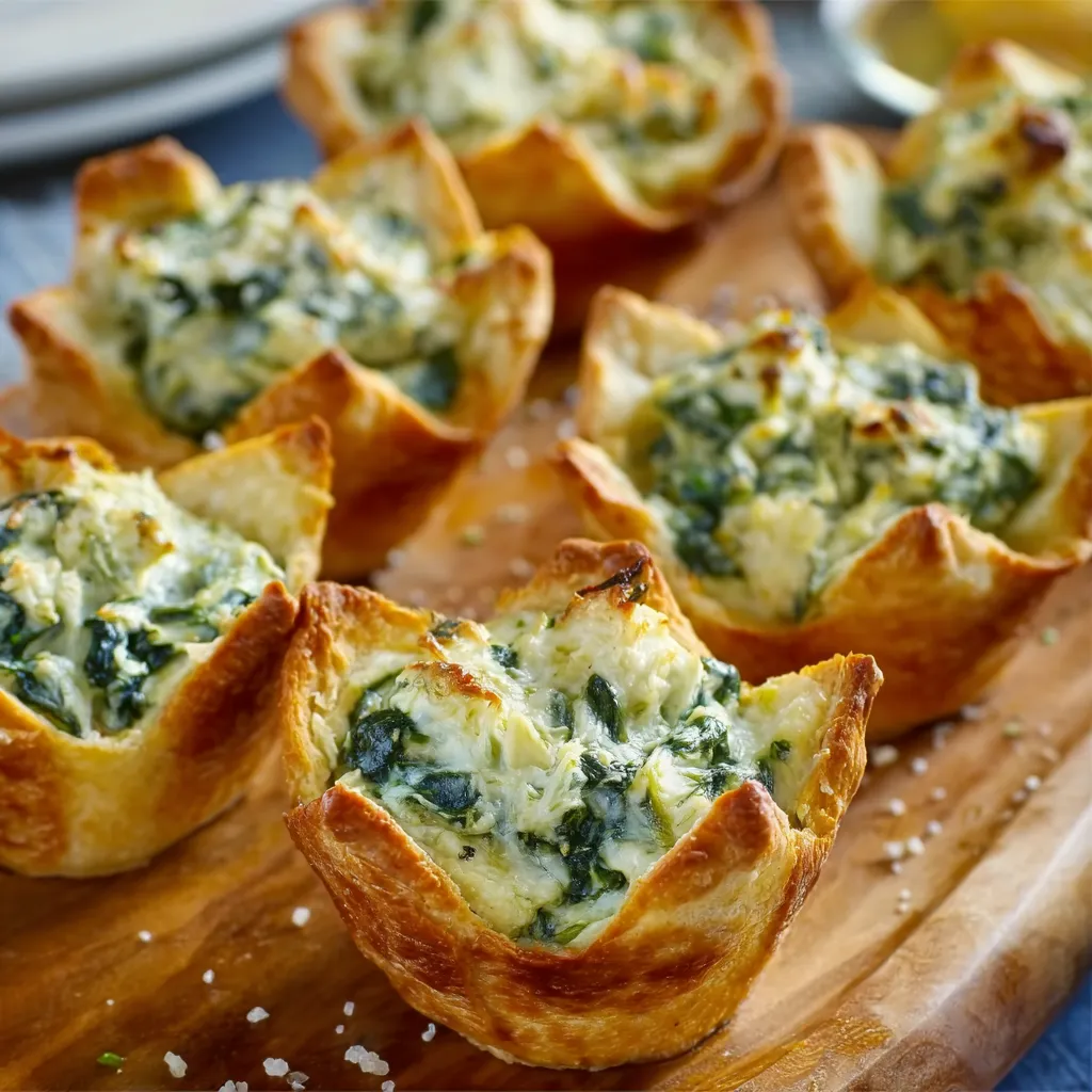 Close-up view of creamy Spinach and Artichoke Dip Cups, ready to be enjoyed.