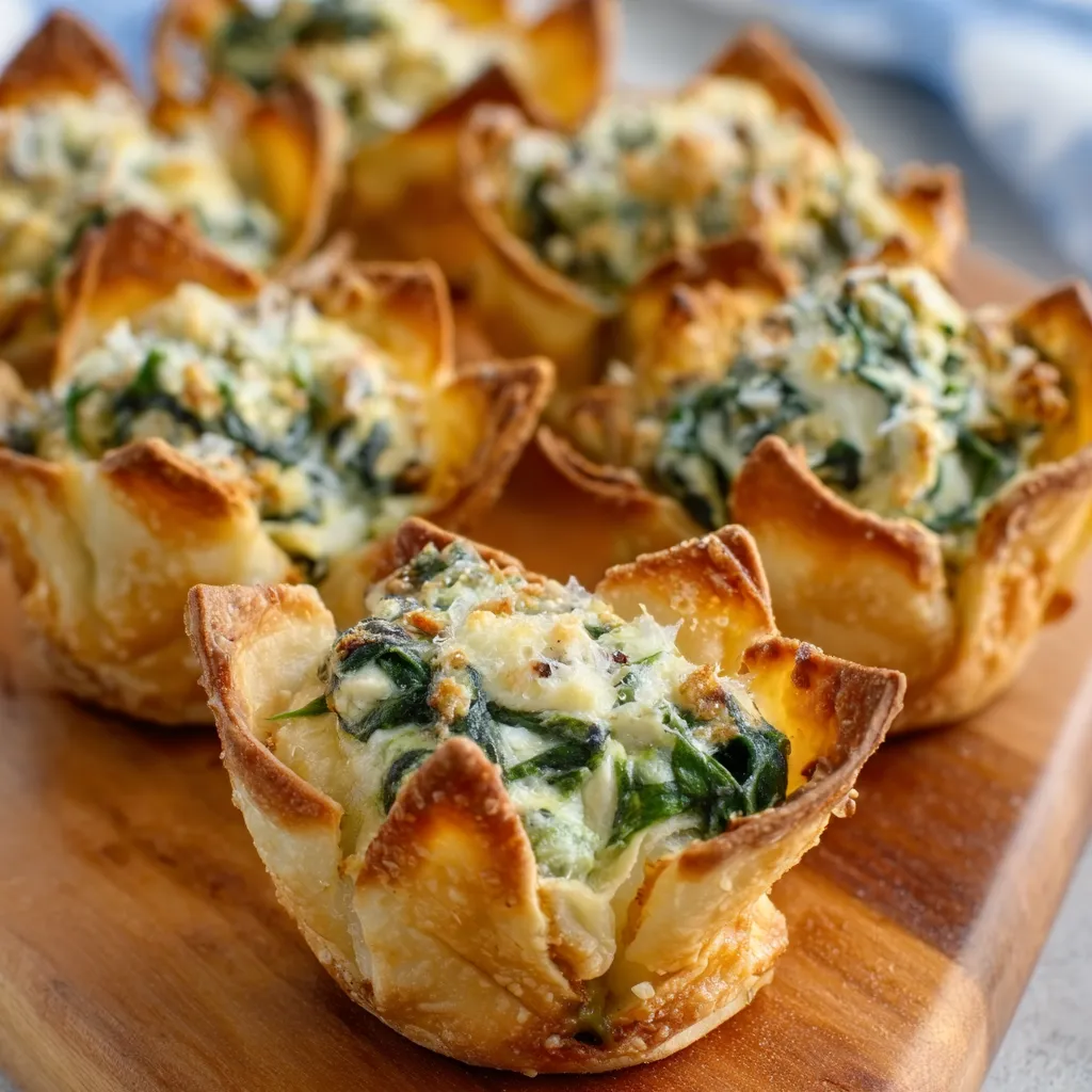 Close-up shot of golden-brown Spinach & Artichoke Wonton Cups arranged on a platter, showcasing their creamy filling and crispy wonton shells.