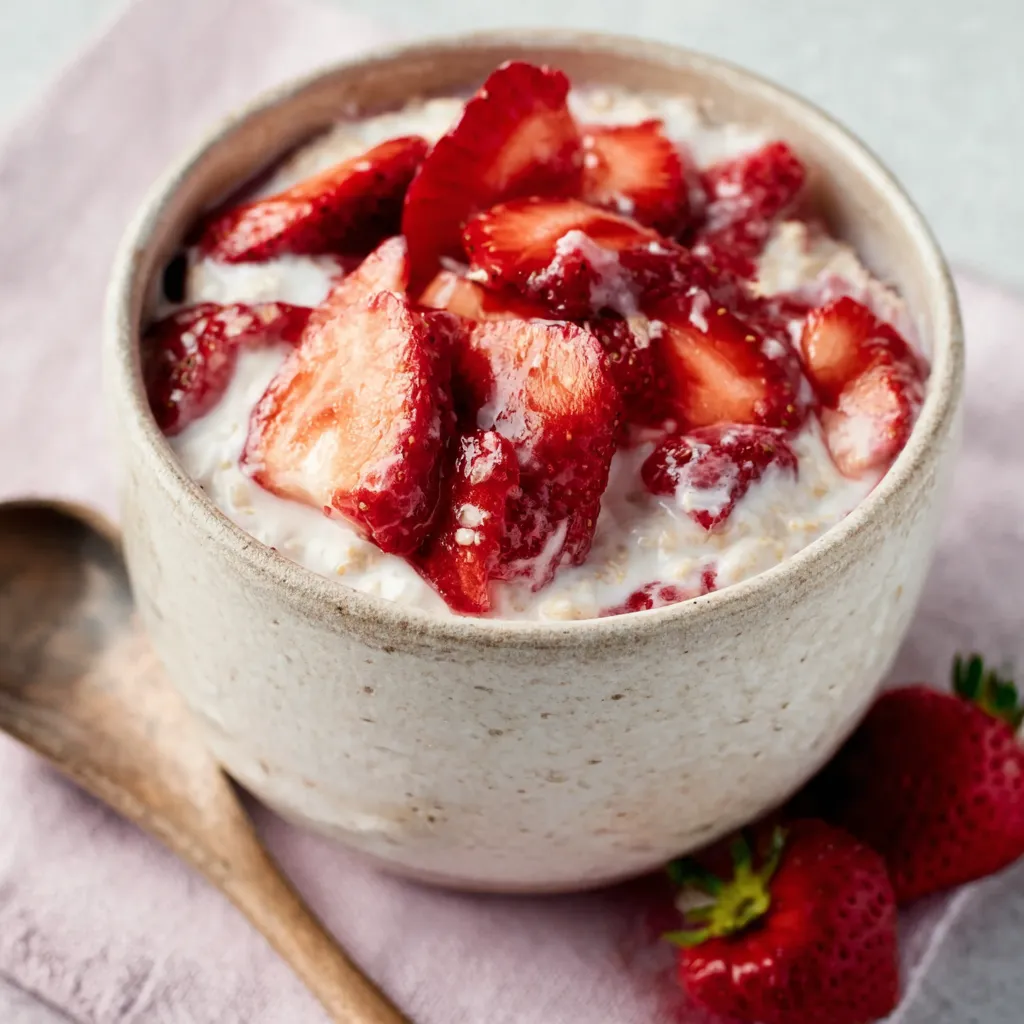 Close-up view of creamy Strawberries and Cream Overnight Oats in a glass jar, showcasing the layers of oats, strawberries, and cream.