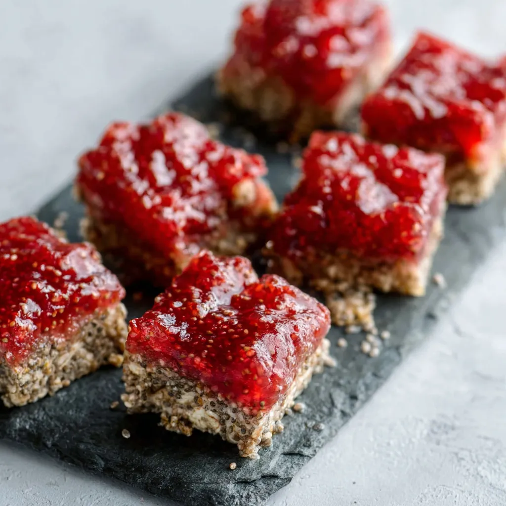 Close-up of homemade Strawberry Chia Seed Jelly Squares, showcasing their vibrant color and texture.