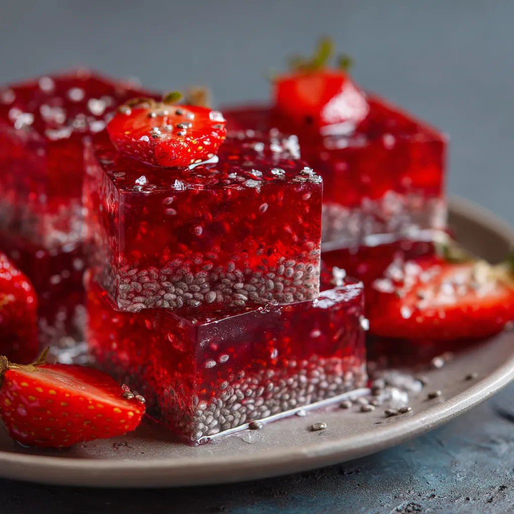 Close-up of homemade Strawberry Chia Seed Jelly Squares, showcasing their texture and vibrant color.