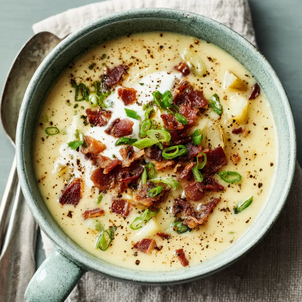 A creamy bowl of Baked Potato Soup showcases visible potato chunks and garnished with fresh chives.