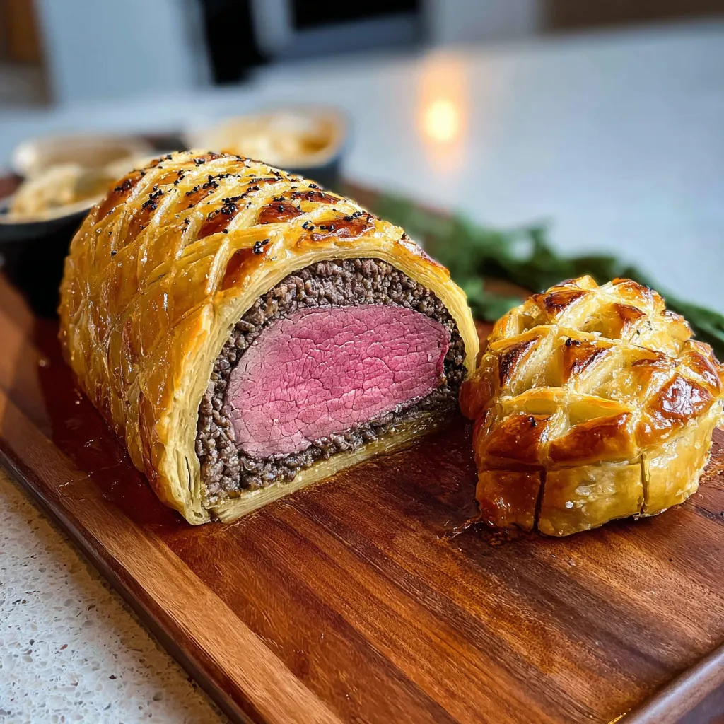 Close-up shows a perfectly cooked Beef Wellington, ready to be sliced and served, as part of a cooking article.