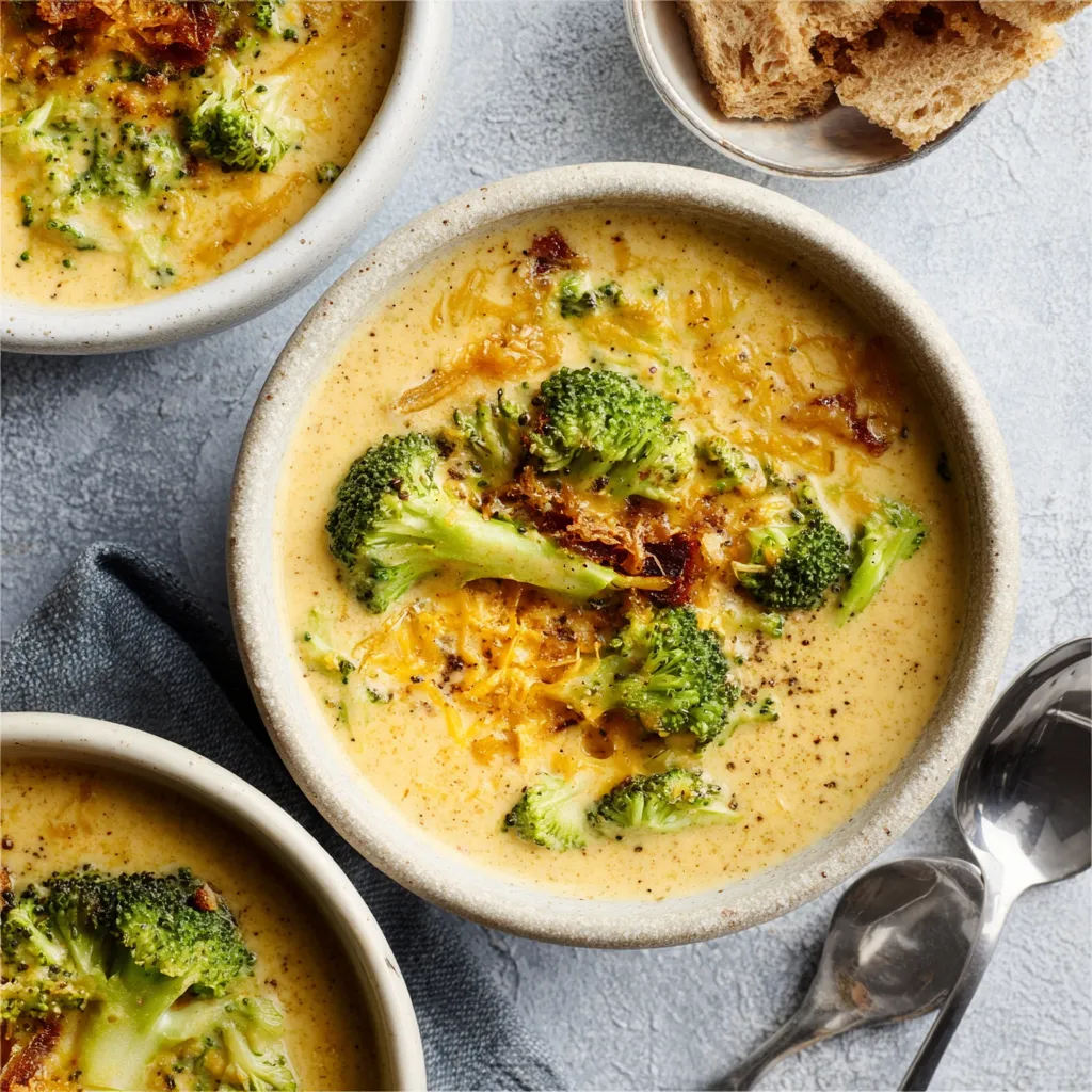 Creamy Broccoli Cheddar Soup served in a bowl is shown as another option for this comforting meal.