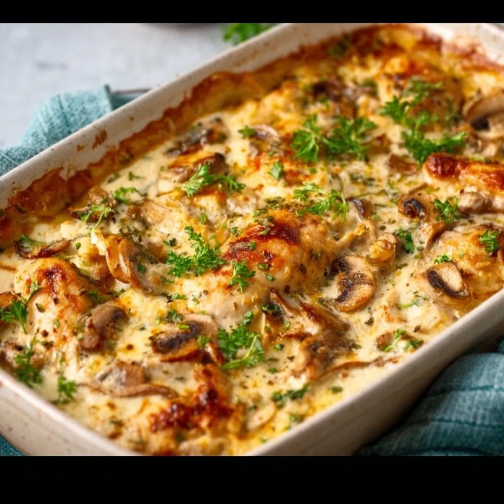 A close-up shot of a creamy Chicken Casserole, ready to be served.
