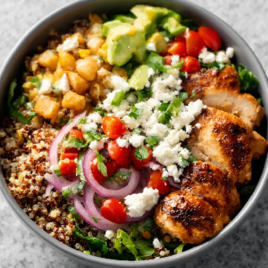 Close-up of a vibrant Chicken Quinoa Power Bowl showing layers of chicken, quinoa, and fresh vegetables.