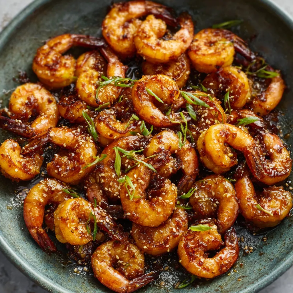 Close-up of glazed Honey Garlic Shrimp, showcasing the sweet and savory sauce.