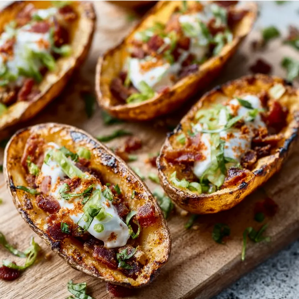 A close-up shot displays delicious Loaded Potato Skins topped with melted cheese, bacon, and green onions.