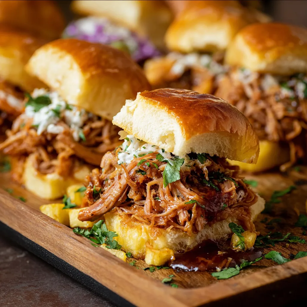 Close-up shot of delicious Pulled Pork Sliders, showcasing the juicy pulled pork and toppings on slider buns.