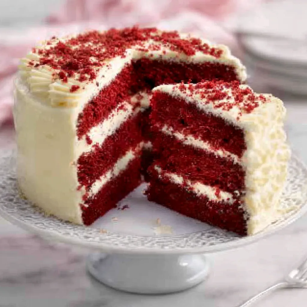 Close-up shot showcases a perfectly sliced Red Velvet Cake, revealing its vibrant red color and creamy frosting.