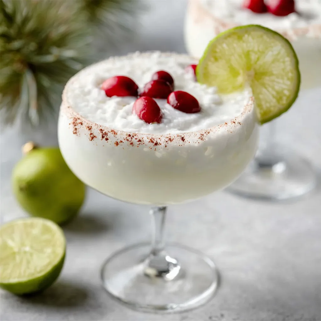 Close-up of a festive White Christmas Margarita cocktail, garnished with cranberries and rosemary, in a sugar-rimmed glass.