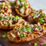 A close-up shows delicious BBQ Chicken Potato Skins, perfect for a party appetizer.