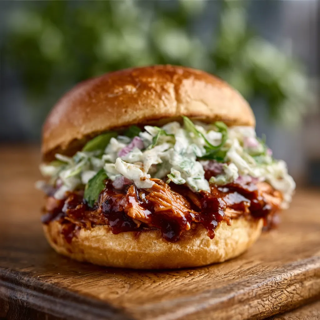 Close-up of a delicious BBQ Chicken Sandwich with visible grill marks and dripping sauce, perfect for a summer barbecue.