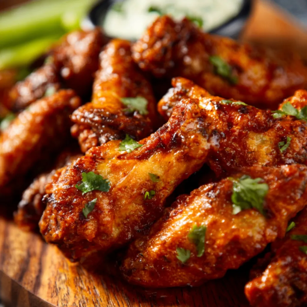 A close-up features image of delicious, crispy Buffalo Chicken Wings with vibrant red sauce.