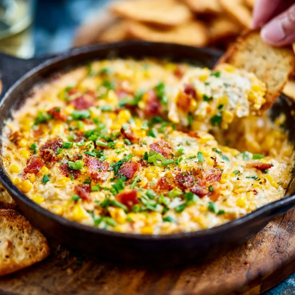 A creamy and delicious Cheesy Corn Dip is shown as a tempting appetizer in this featured image.