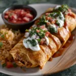 A close-up showcases golden-brown Chicken Chimichangas, ready to be enjoyed.