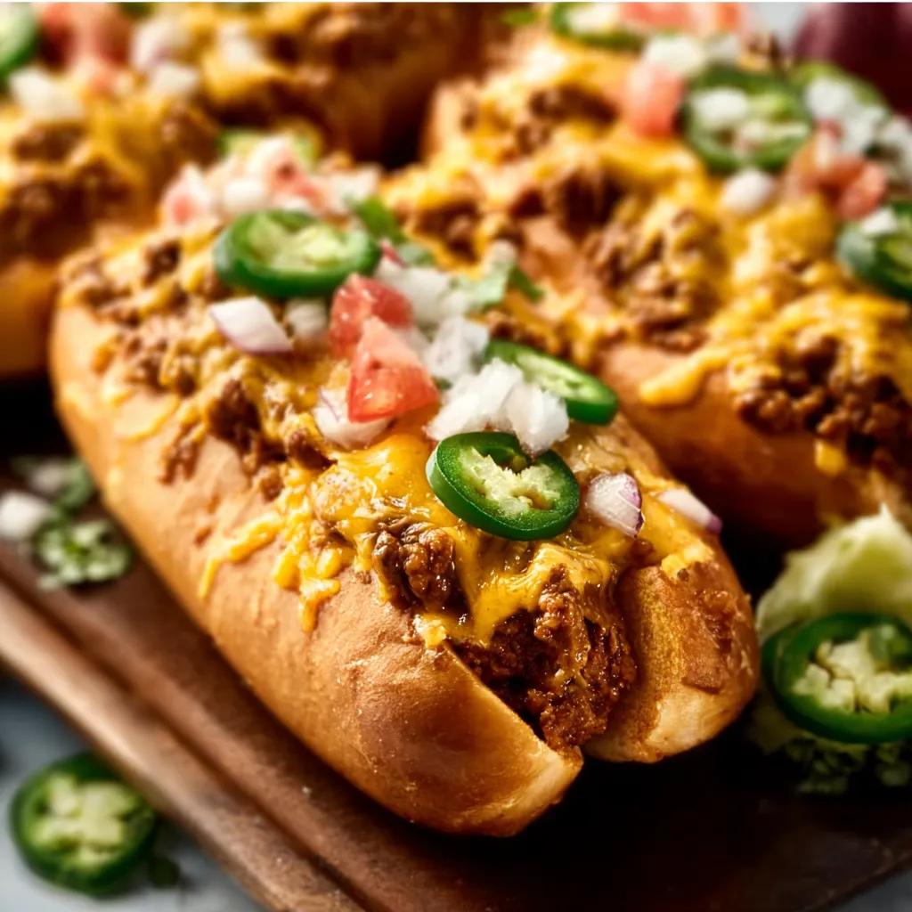 A mouthwatering close-up showcases Chili Cheese Hot Dogs topped with chili and melted cheese, perfect for a summer barbecue.