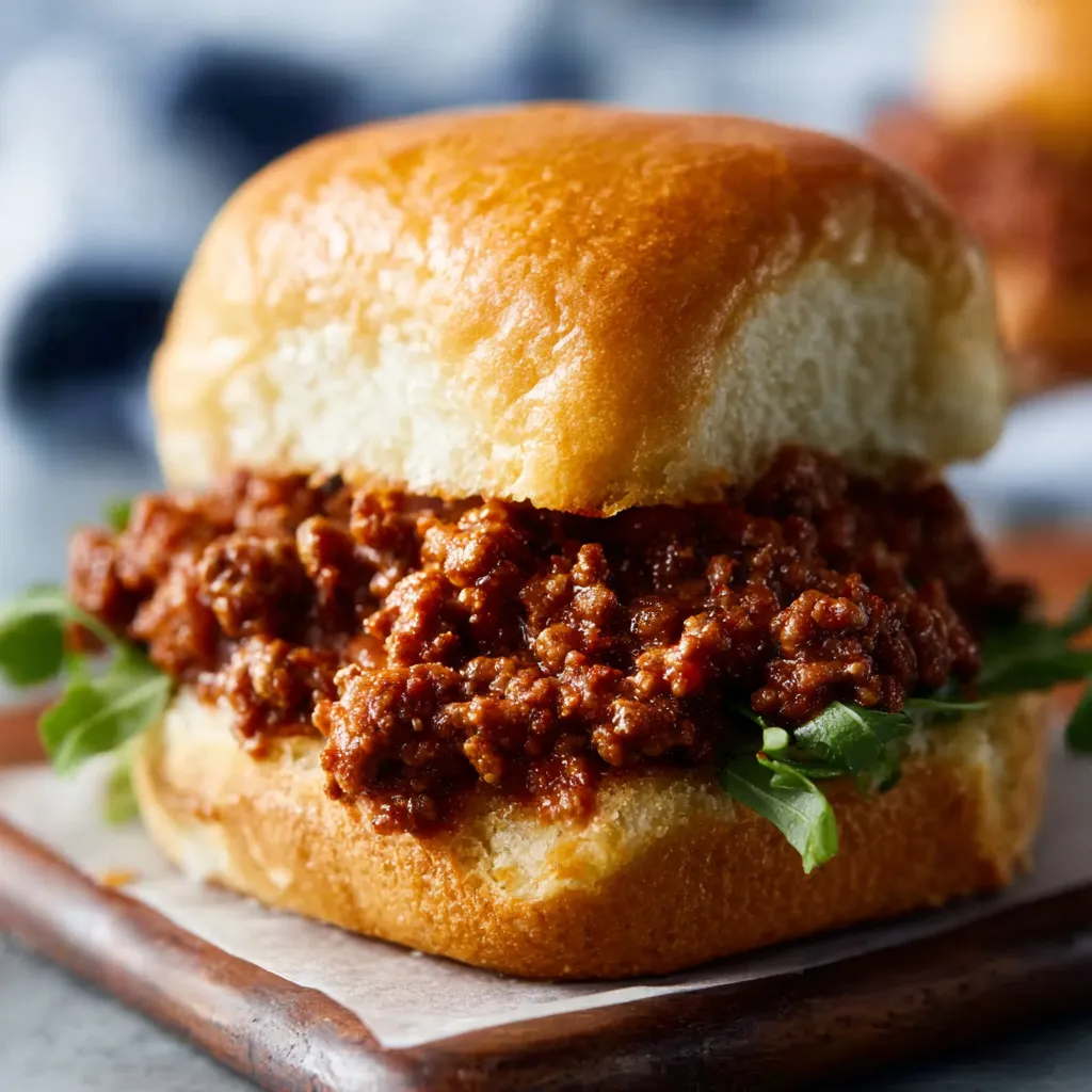 A mouthwatering close-up of classic Sloppy Joes overflowing with seasoned ground beef and sauce, perfect for a quick and easy meal.