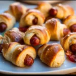 Close-up showcases golden-brown Pigs In A Blanket, a delicious and easy appetizer perfect for any occasion.