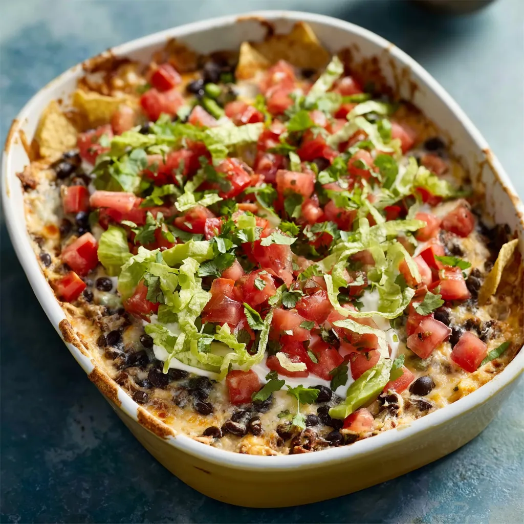 A delicious and colorful Seven Layer Dip is presented as a featured image, perfect for parties and gatherings.