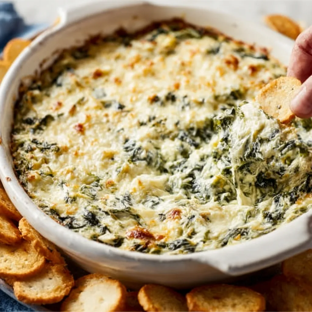 Creamy Spinach Artichoke Dip is served hot and bubbly in a rustic bowl, perfect for a delicious appetizer.