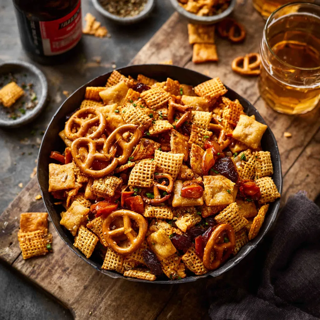 A close-up shot showcasing the delicious layers and textures of a homemade Tailgate Snack Mix, perfect for game day gatherings.