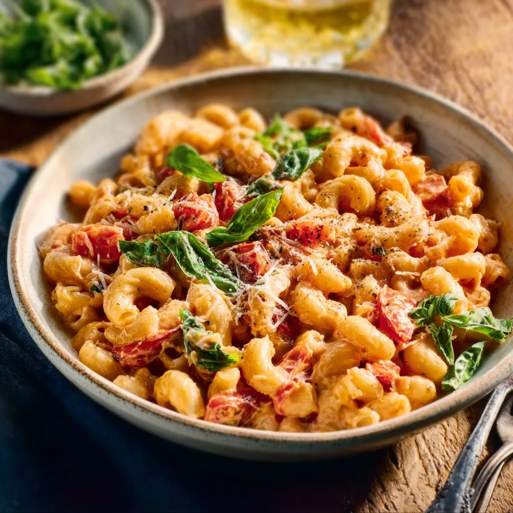 Close-up of a delicious bowl of homemade Tomato Basil Pasta, showcasing the vibrant red sauce and fresh green basil.