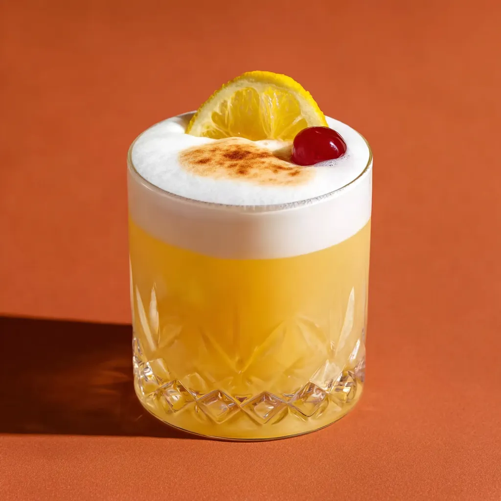 A beautifully crafted Whiskey Sour cocktail sits ready to be enjoyed, showcasing its frothy top and citrus garnish.