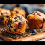 A close-up showcases delicious homemade Blueberry Cottage Cheese Muffins, perfect for breakfast or a snack.