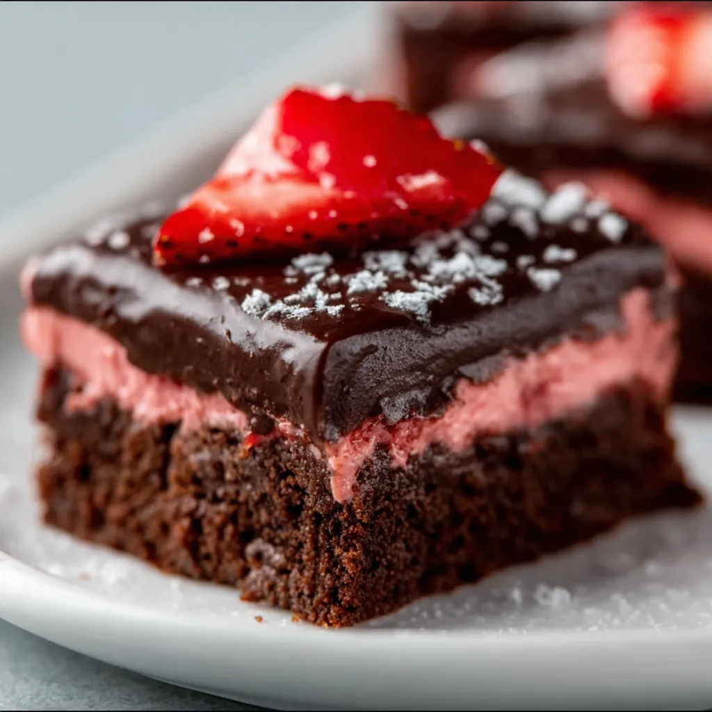 A tempting close-up shows fudgy Chocolate Covered Strawberry Brownies, perfect for a Valentine's Day treat.