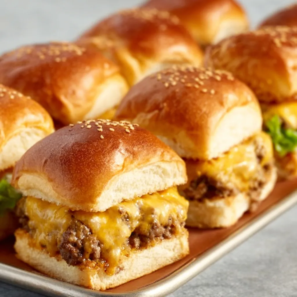 Stacked Cheeseburger Sliders with melted cheese are shown as the featured image for this recipe.