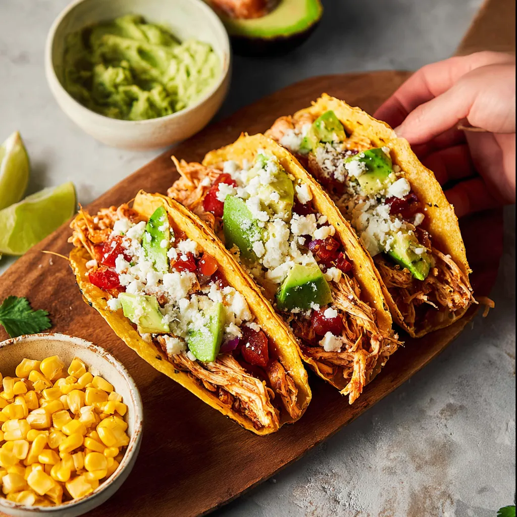 Delicious Pulled Chicken Tacos are piled high with toppings in this featured image.