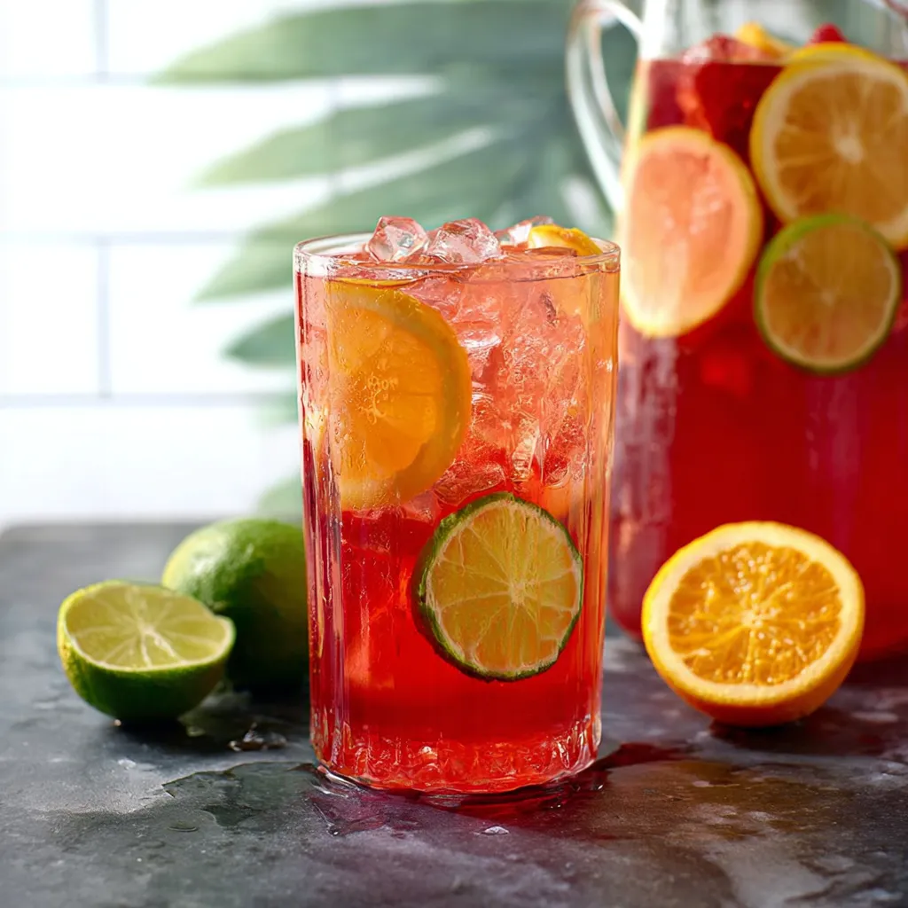 A close-up shot of a refreshing glass filled with ice and the vibrant red and clear liquid of Sprite & Fruit Punch Mix.