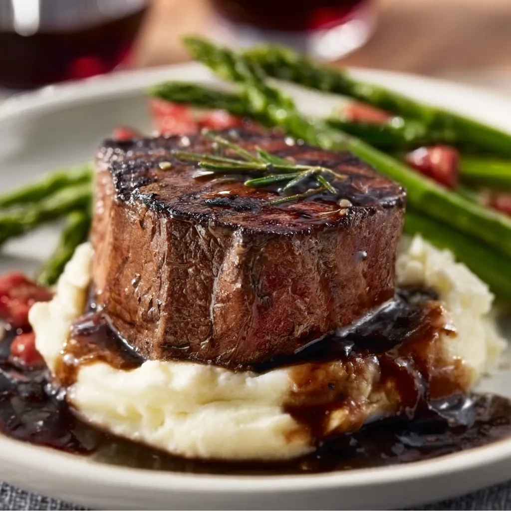 Filet Mignon with Red Wine Sauce, a featured image showcasing a perfectly seared steak drizzled with rich sauce.